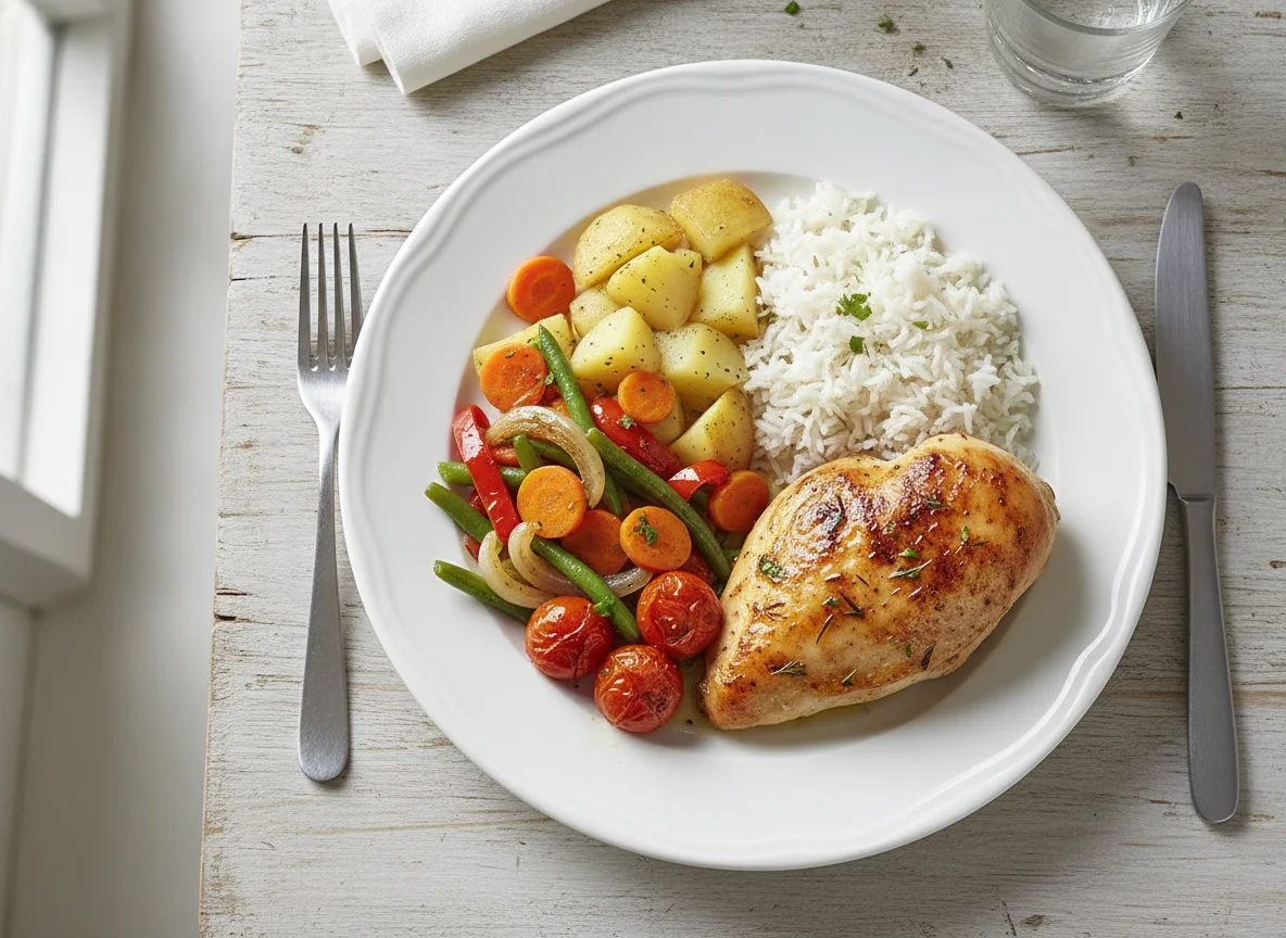 Roasted chicken with potatoes, rice and mixed vegetables photo