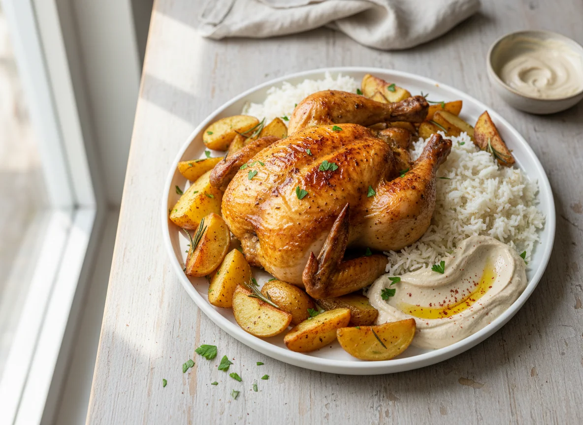 Roasted Chicken with Potatoes, Rice and Tahini photo