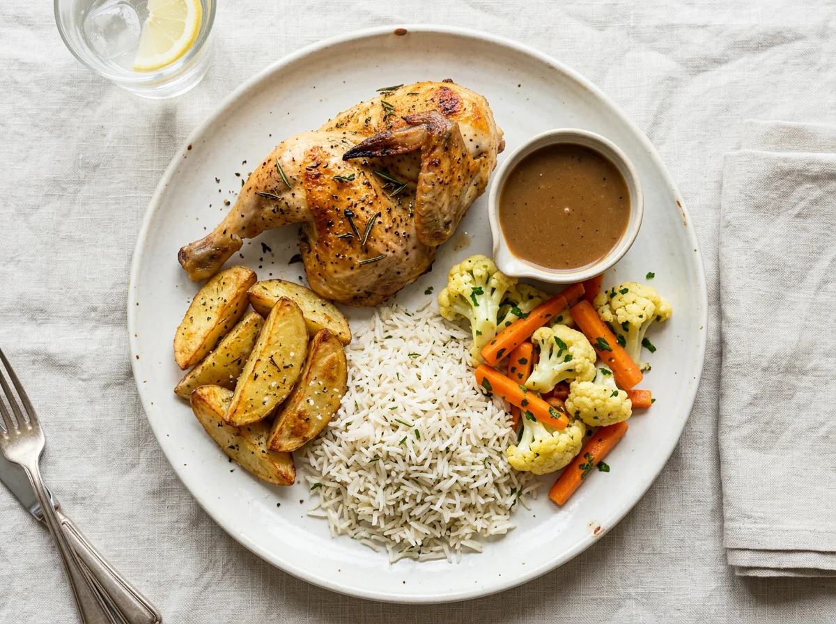 Roasted Chicken with Potatoes, Vegetables, and Rice photo