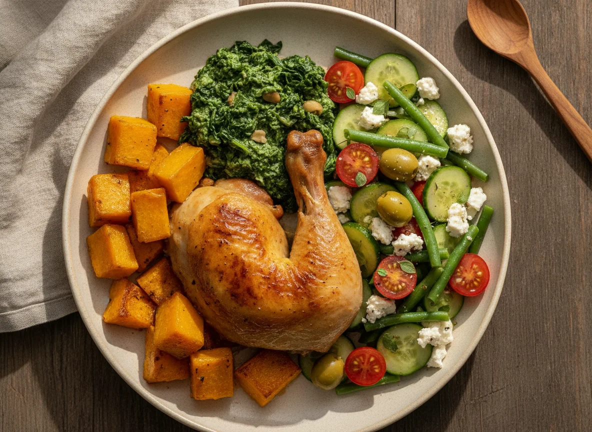 Roasted Chicken with Pumpkin, Spinach, and Greek Salad photo