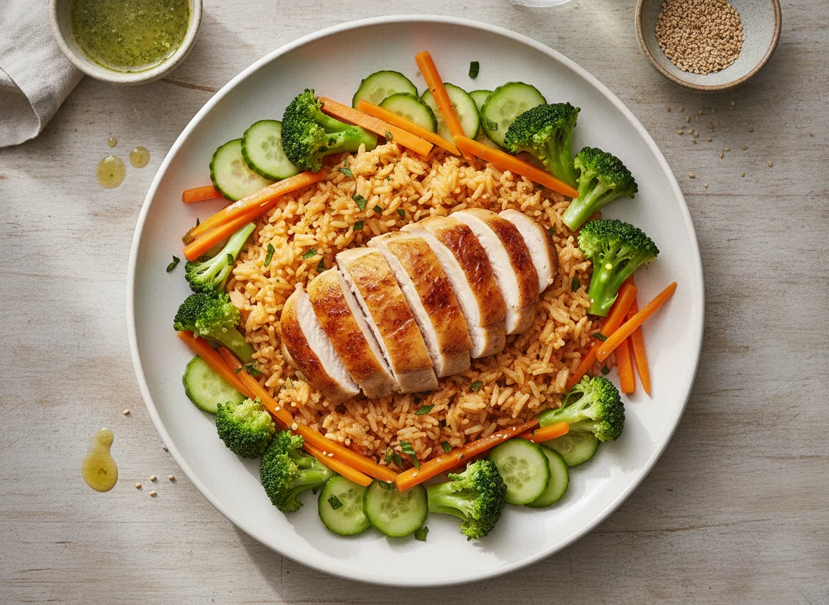 Roasted Chicken with Red Rice and Mixed Vegetables photo