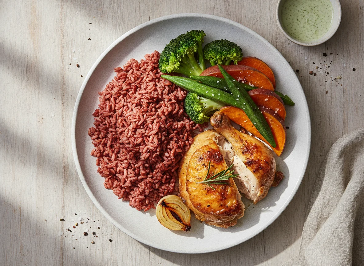 Roasted Chicken with Red Rice and Steamed Vegetables photo