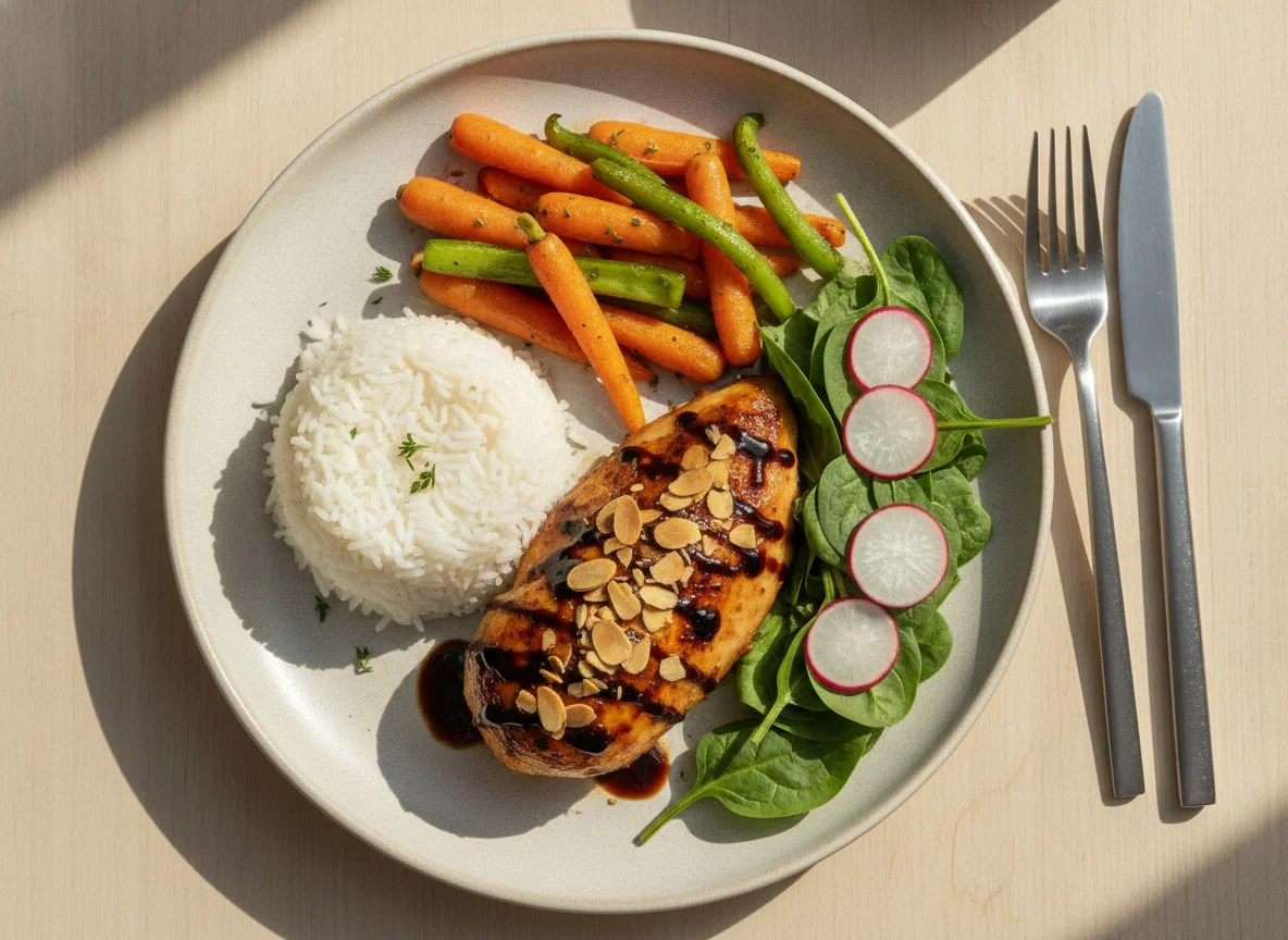 Roasted chicken with rice and fresh vegetables photo