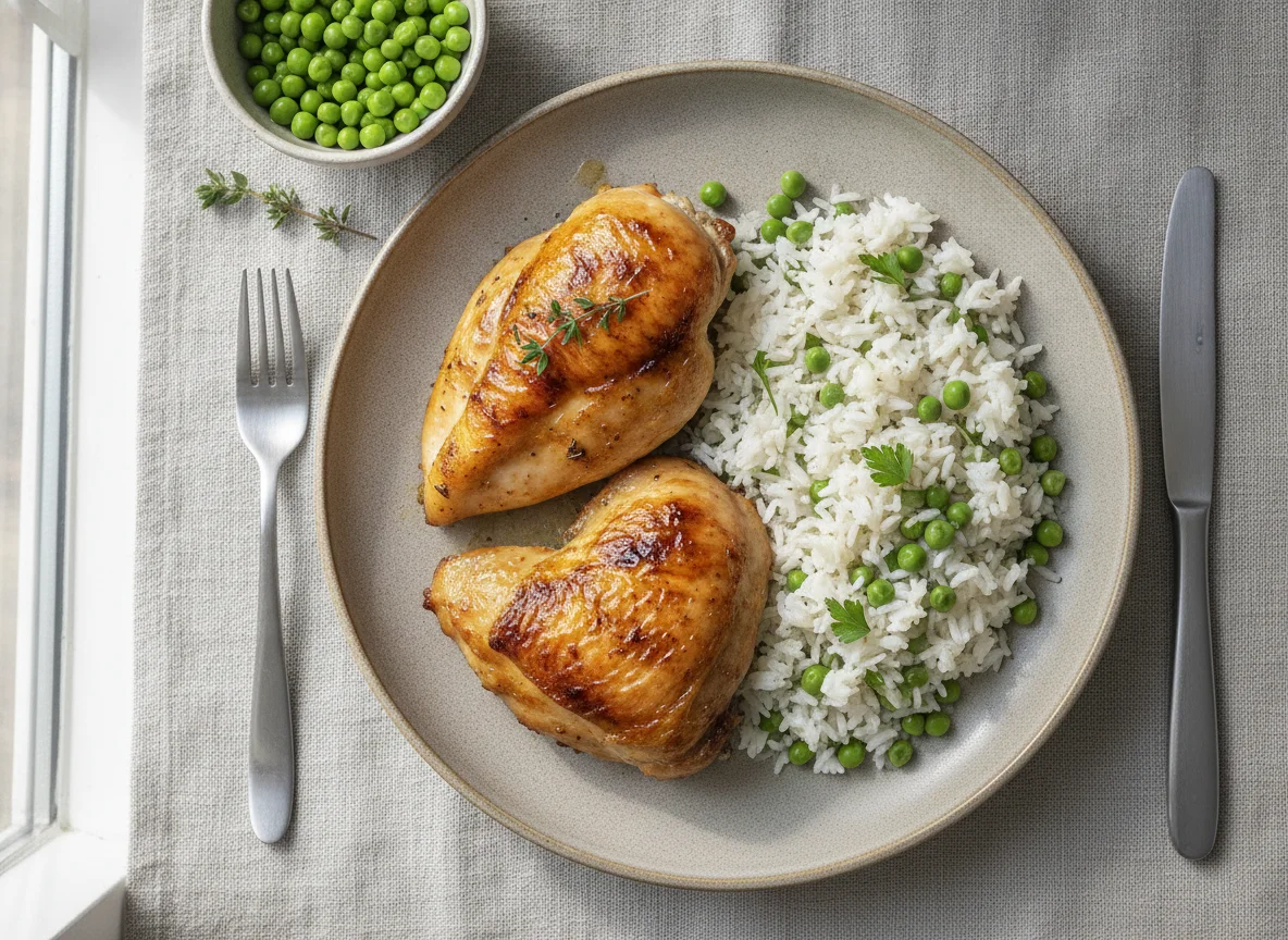 Roasted chicken with rice and peas photo