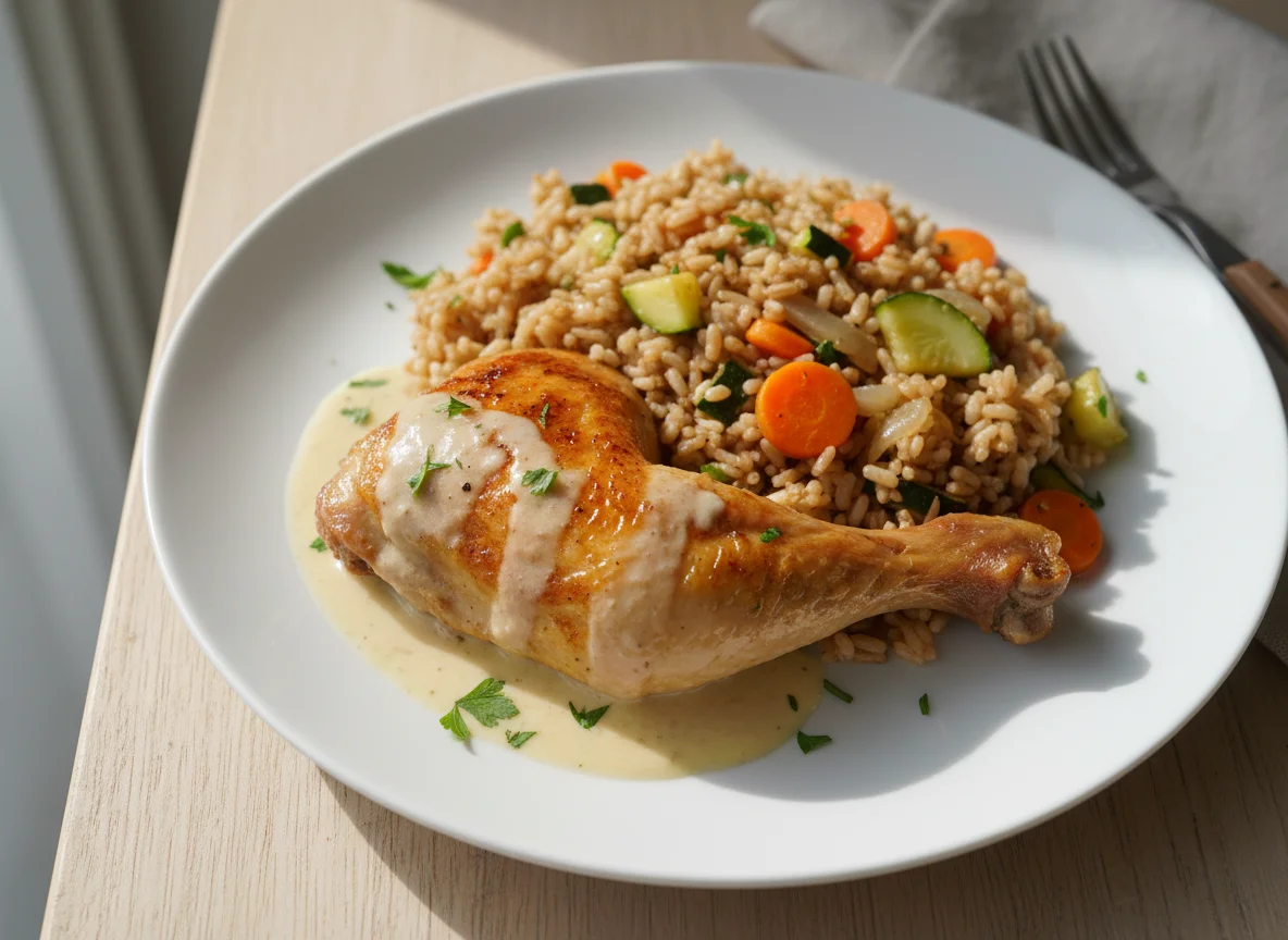 Roasted Chicken with Rice and Vegetables in Cream Sauce photo