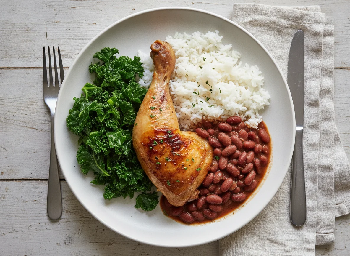 Roasted chicken with rice, beans and greens photo