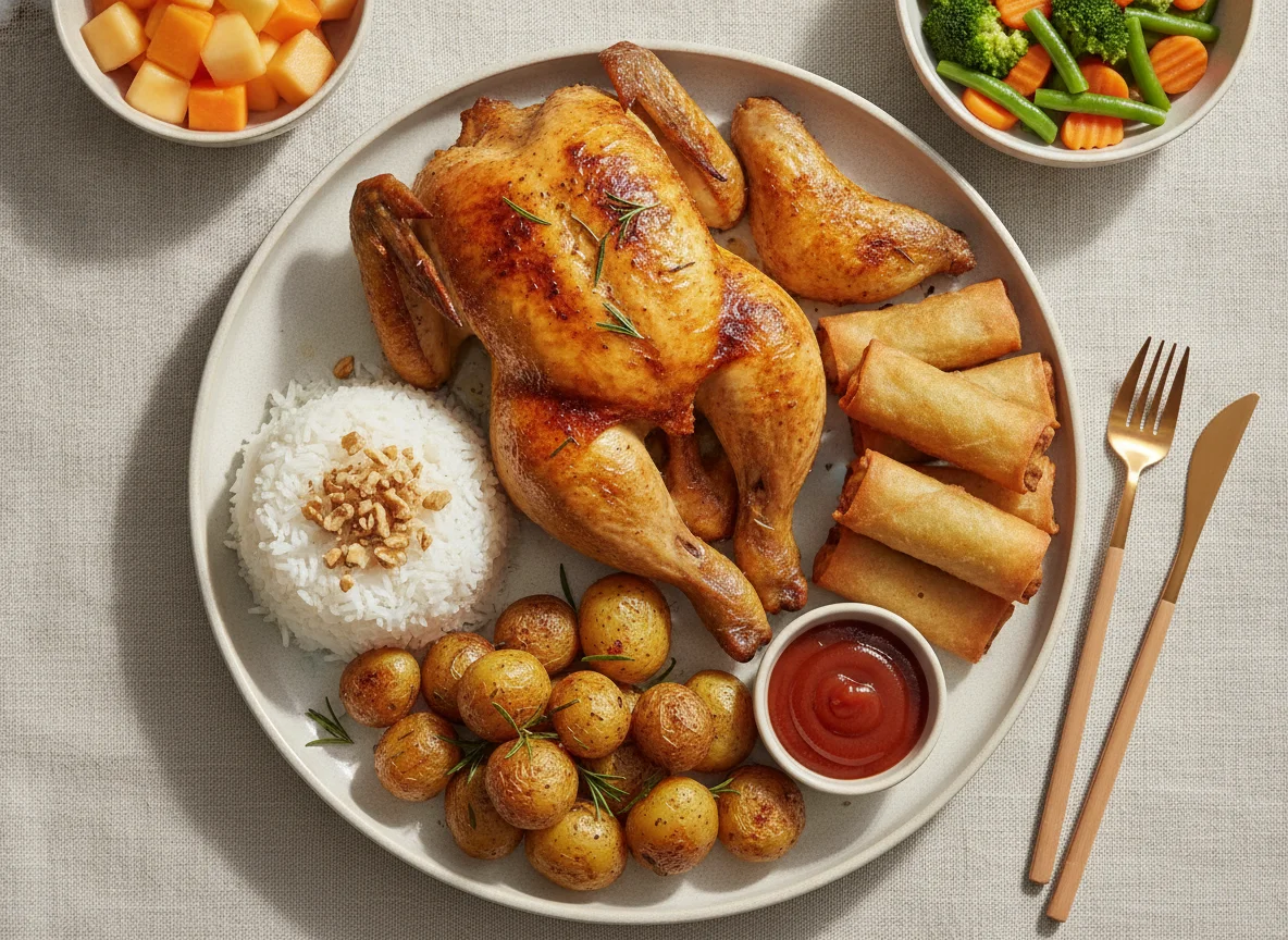 Roasted Chicken with Rice, Potatoes, and Spring Rolls photo