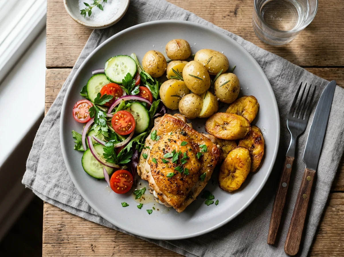 Roasted Chicken with Salad, Potatoes and Plantain photo