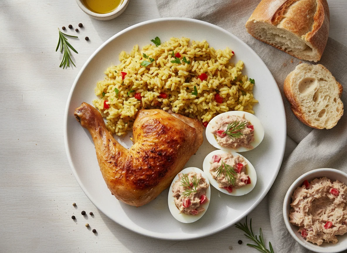 Roasted chicken with seasoned rice, baguette, stuffed eggs and tuna salad photo