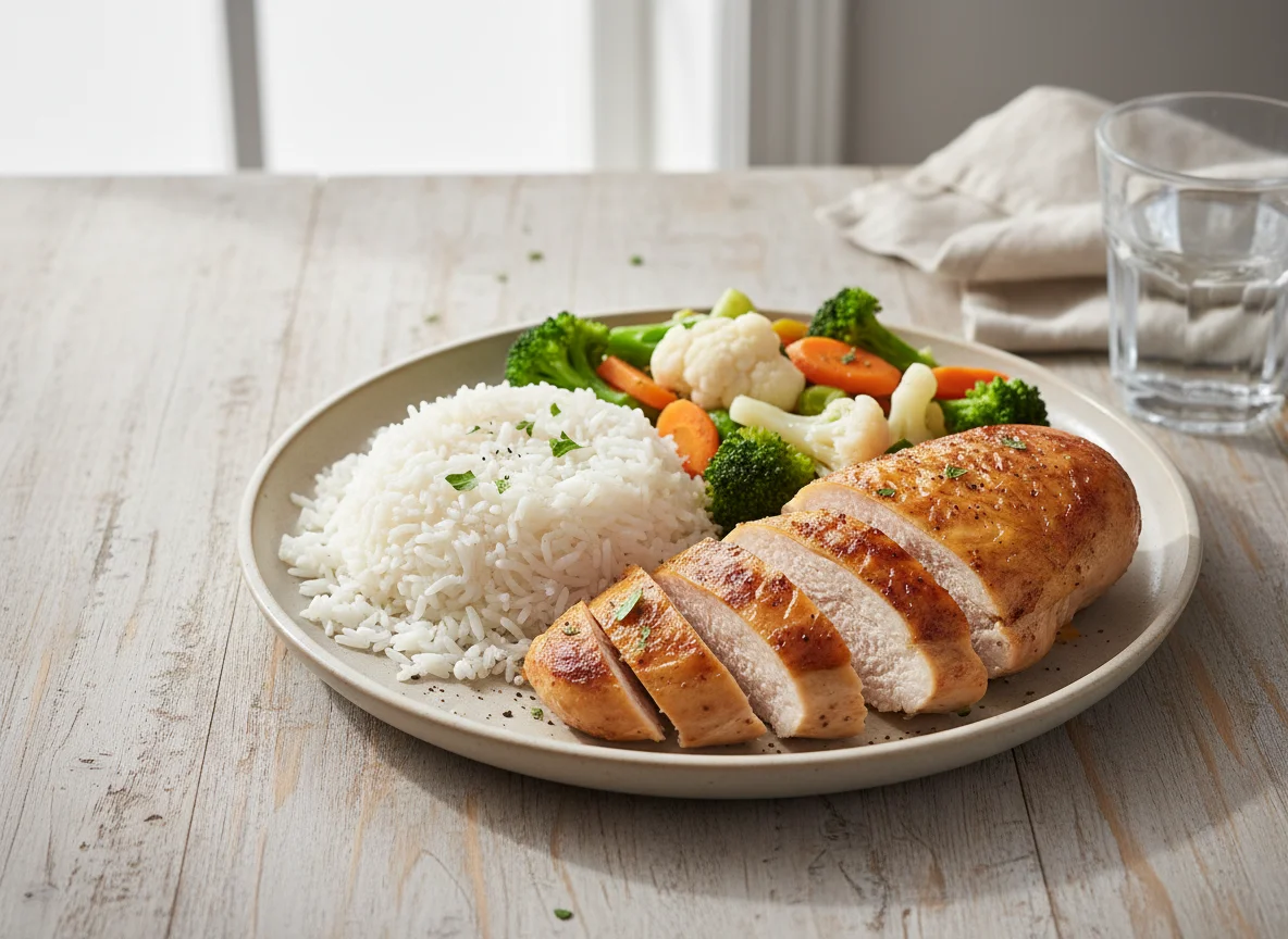 Roasted Chicken with Steamed Vegetables and Rice photo