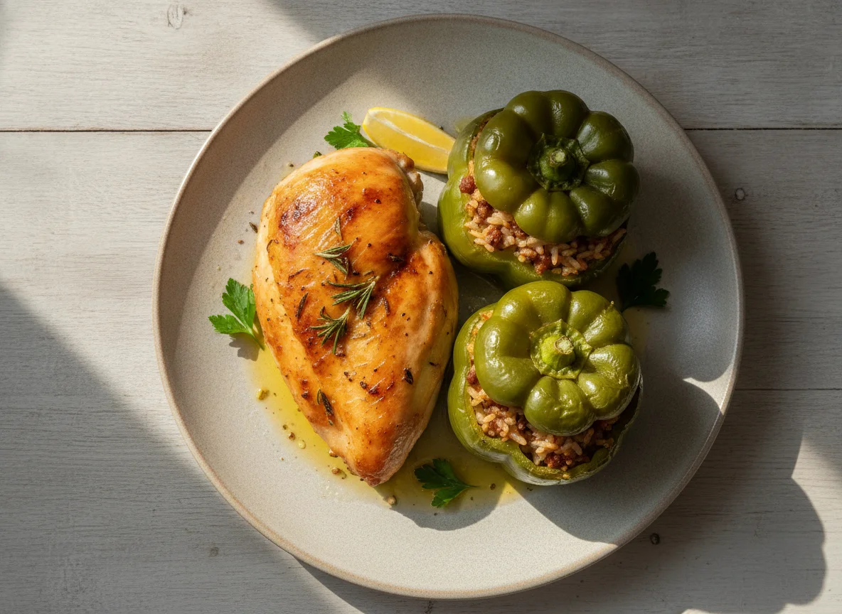Roasted Chicken with Stuffed Green Peppers photo