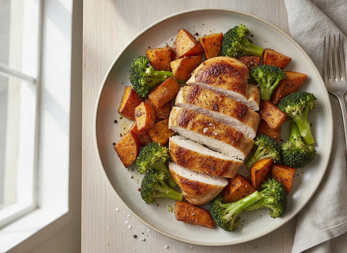 Roasted Chicken with Sweet Potato and Broccoli photo
