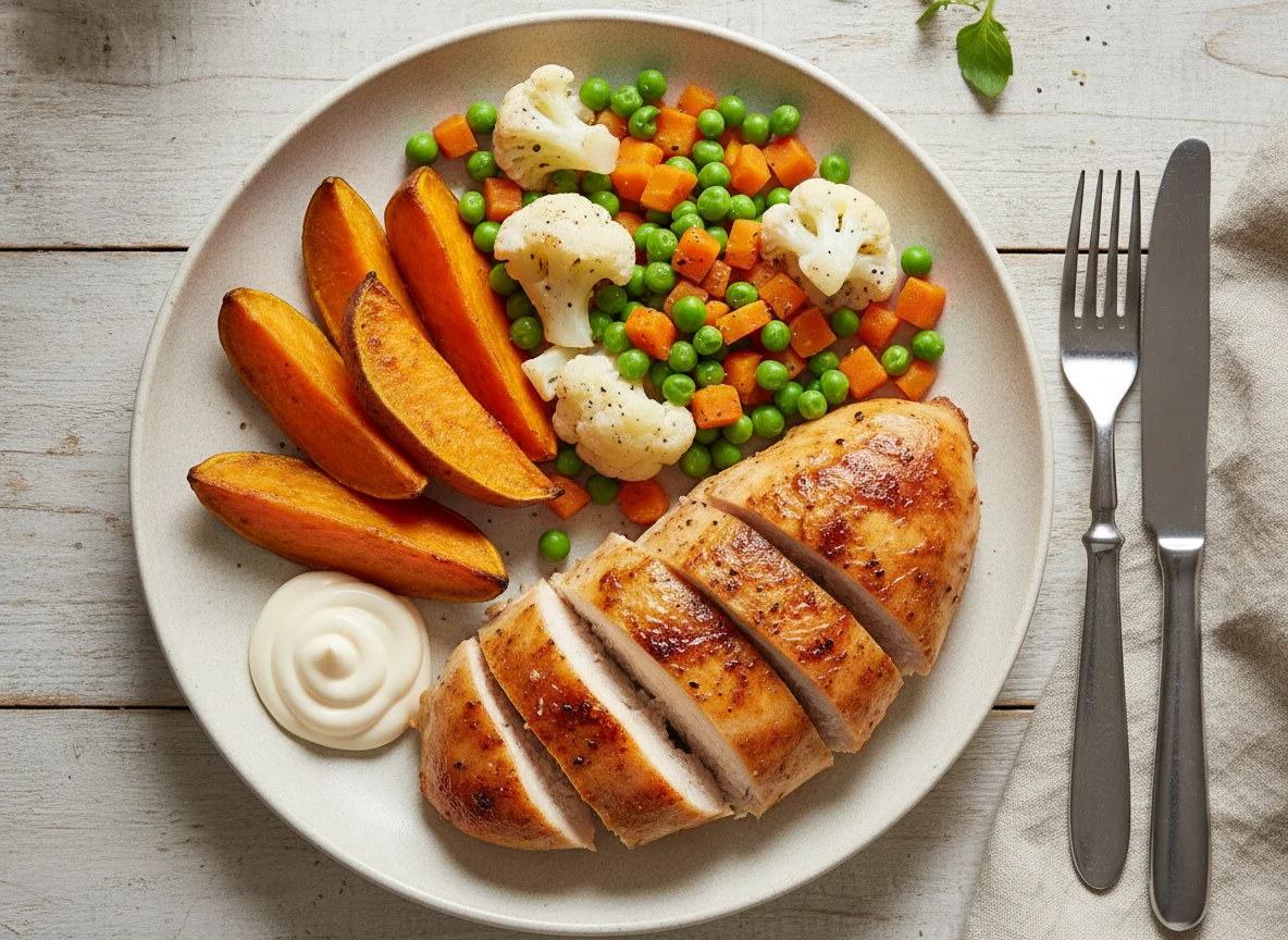 Roasted chicken with sweet potato and mixed vegetables photo