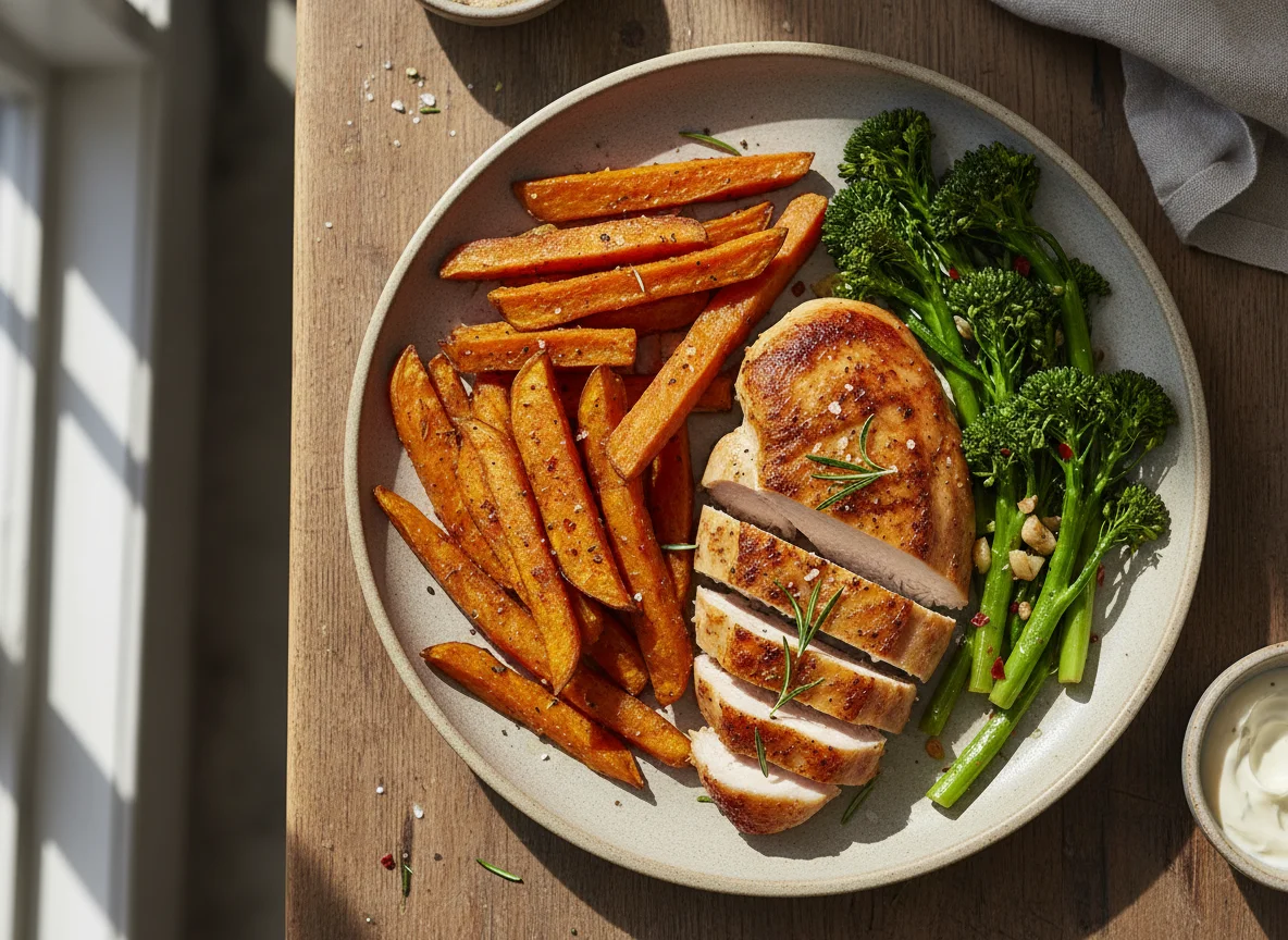 Roasted Chicken with Sweet Potato Fries and Broccolini photo