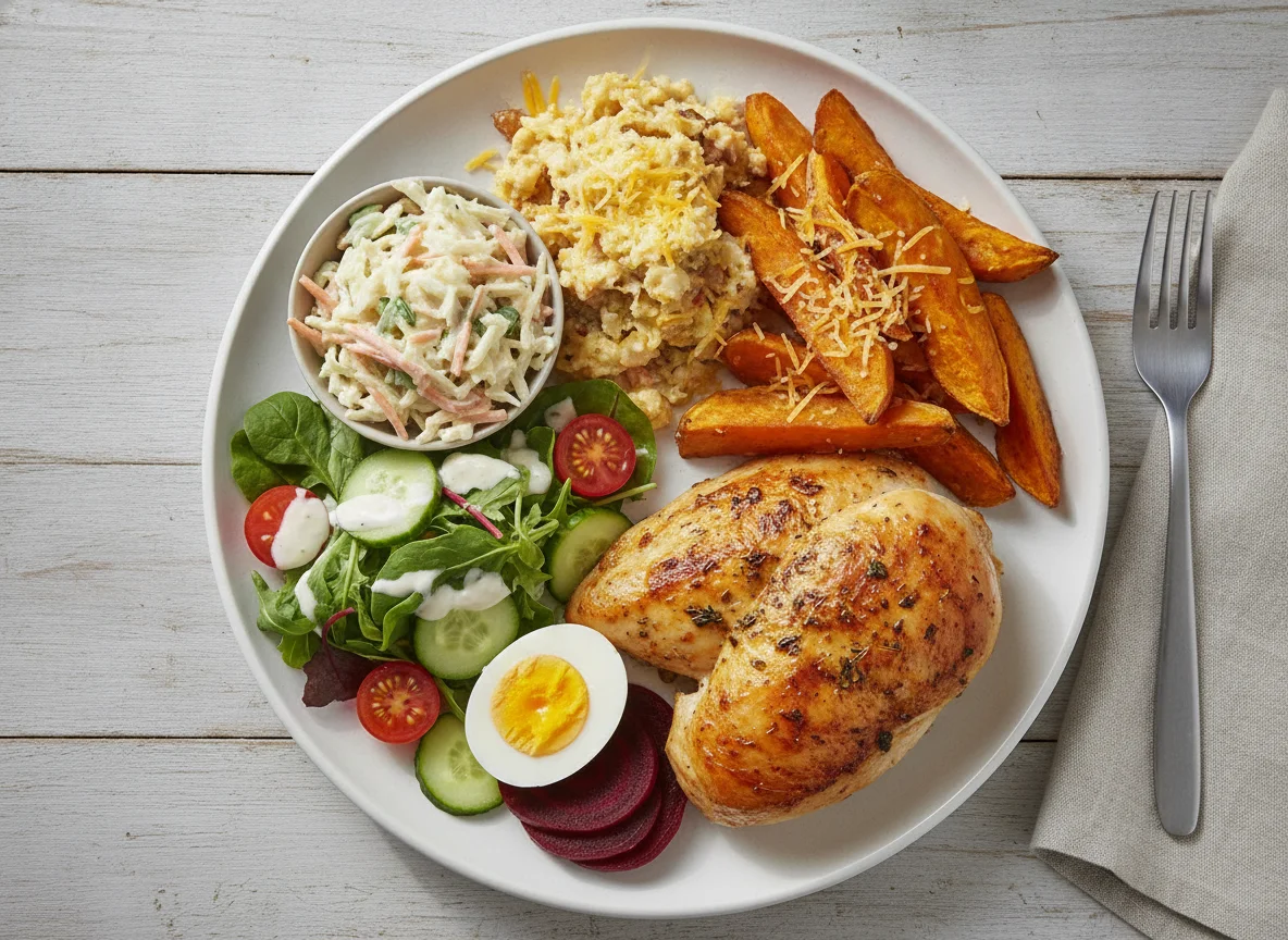 Roasted chicken with sweet potato, salad and coleslaw photo