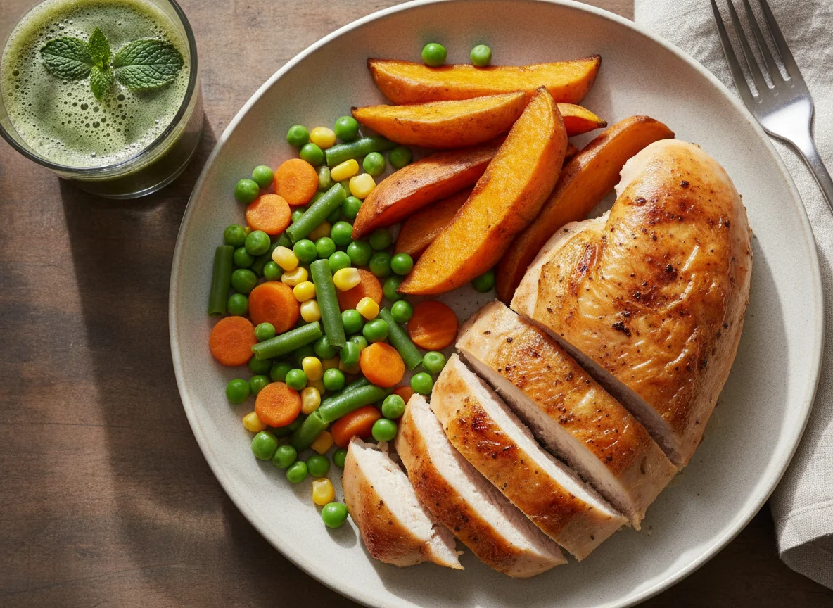 Roasted Chicken with Sweet Potato Wedges and Mixed Vegetables photo