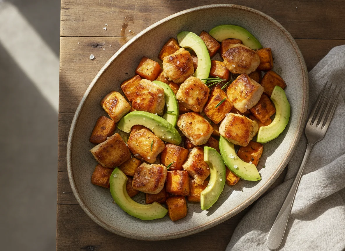 Roasted Chicken with Sweet Potatoes and Avocado photo