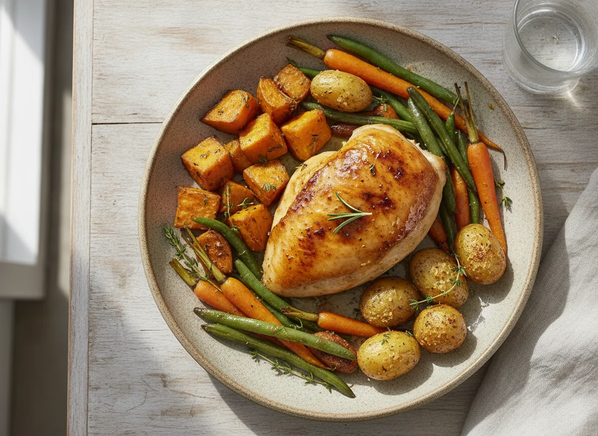 Roasted Chicken with Sweet Potatoes and Green Beans photo