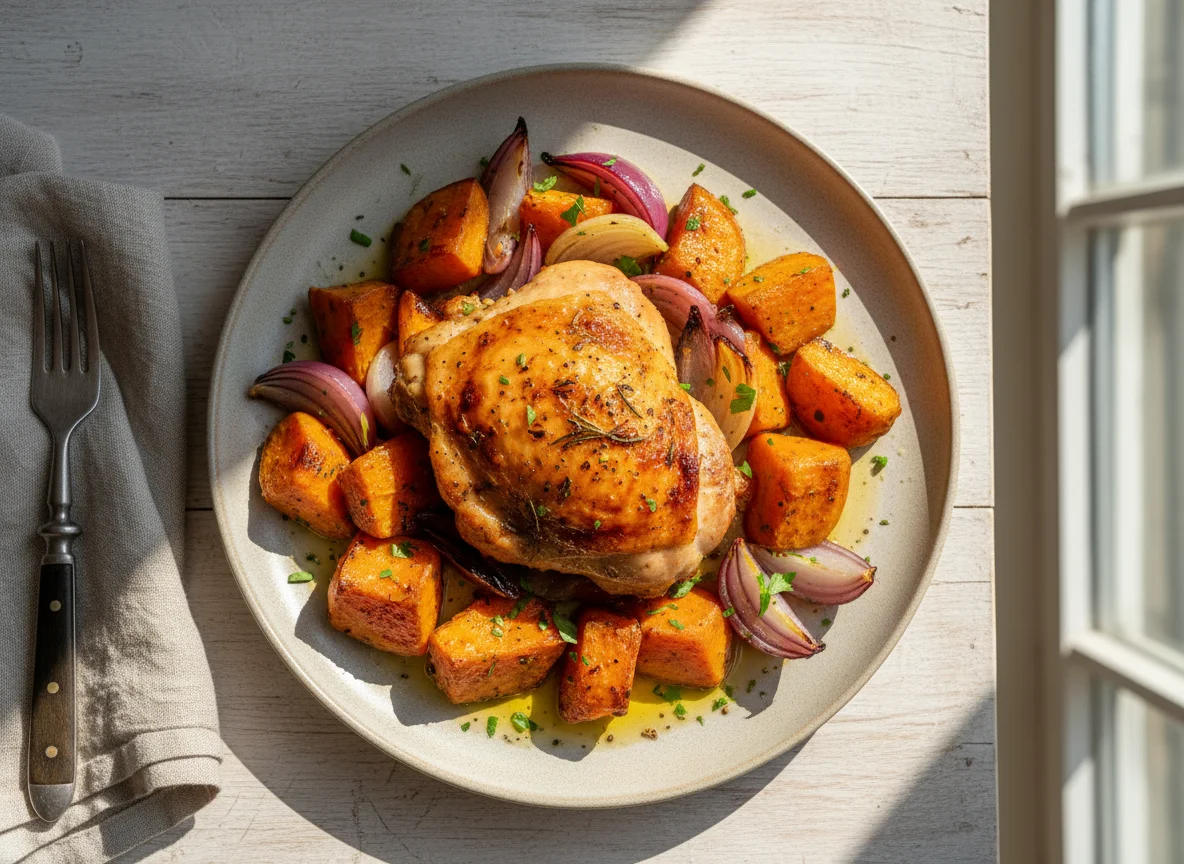 Roasted Chicken with Sweet Potatoes and Onions photo