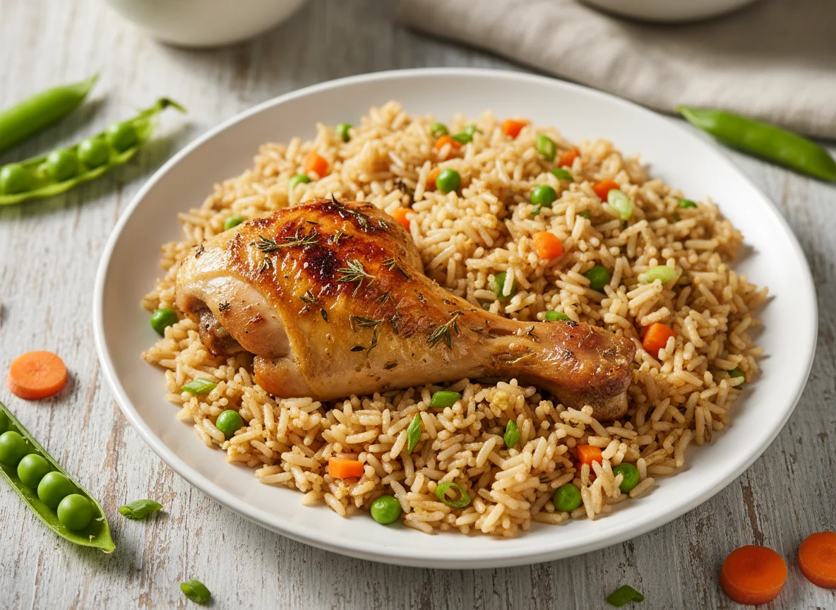 Roasted chicken with vegetable fried rice photo