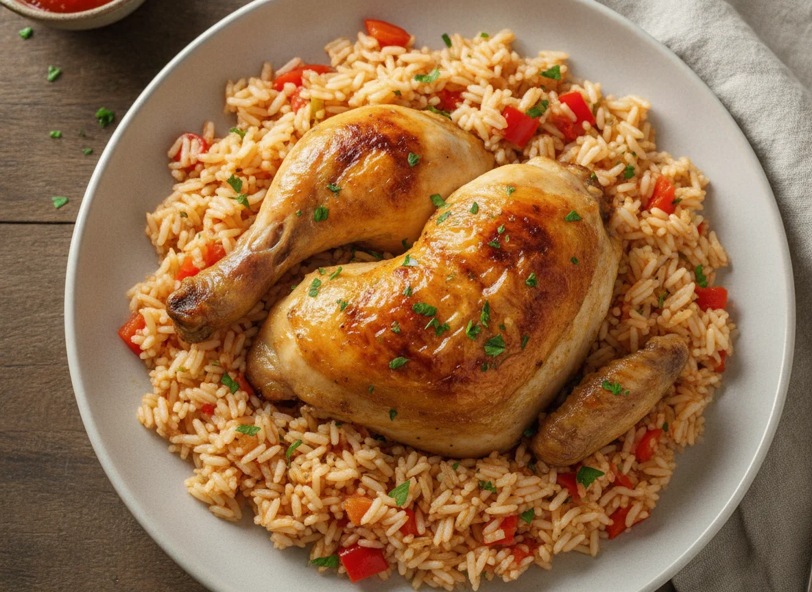 Roasted chicken with vegetable rice pilaf photo