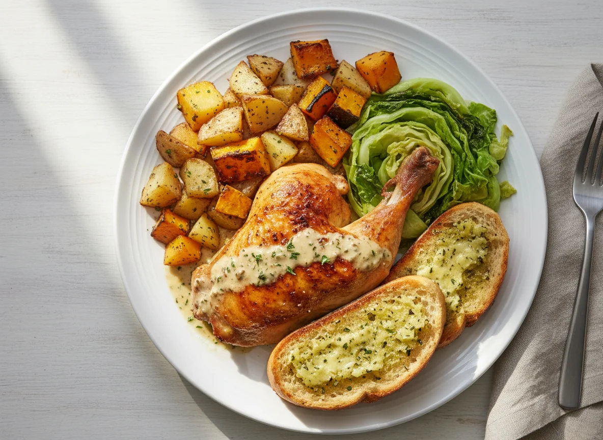 Roasted Chicken with Vegetables and Garlic Bread photo