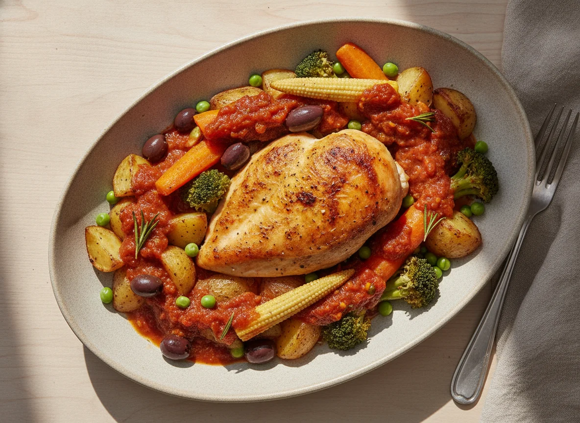 Roasted Chicken with Vegetables and Tomato Sauce photo