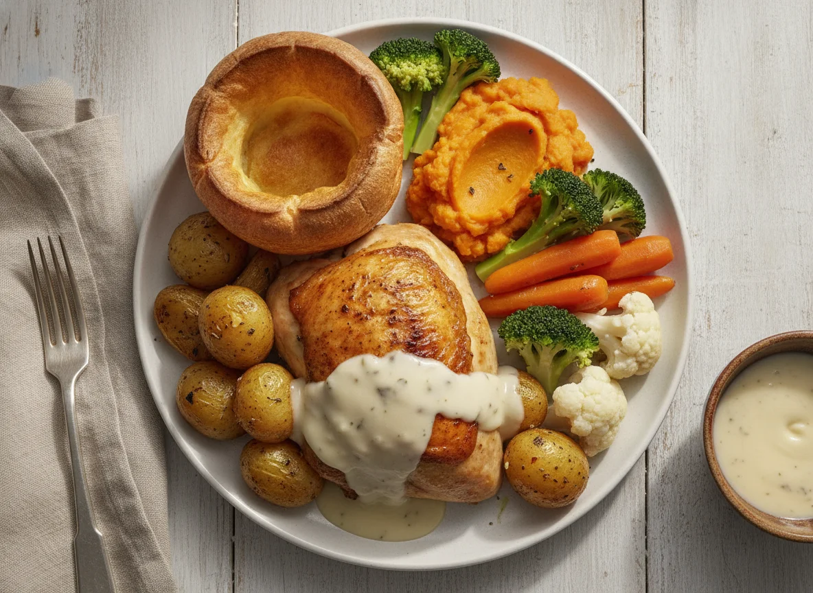 Roasted Chicken with Vegetables and Yorkshire Pudding photo