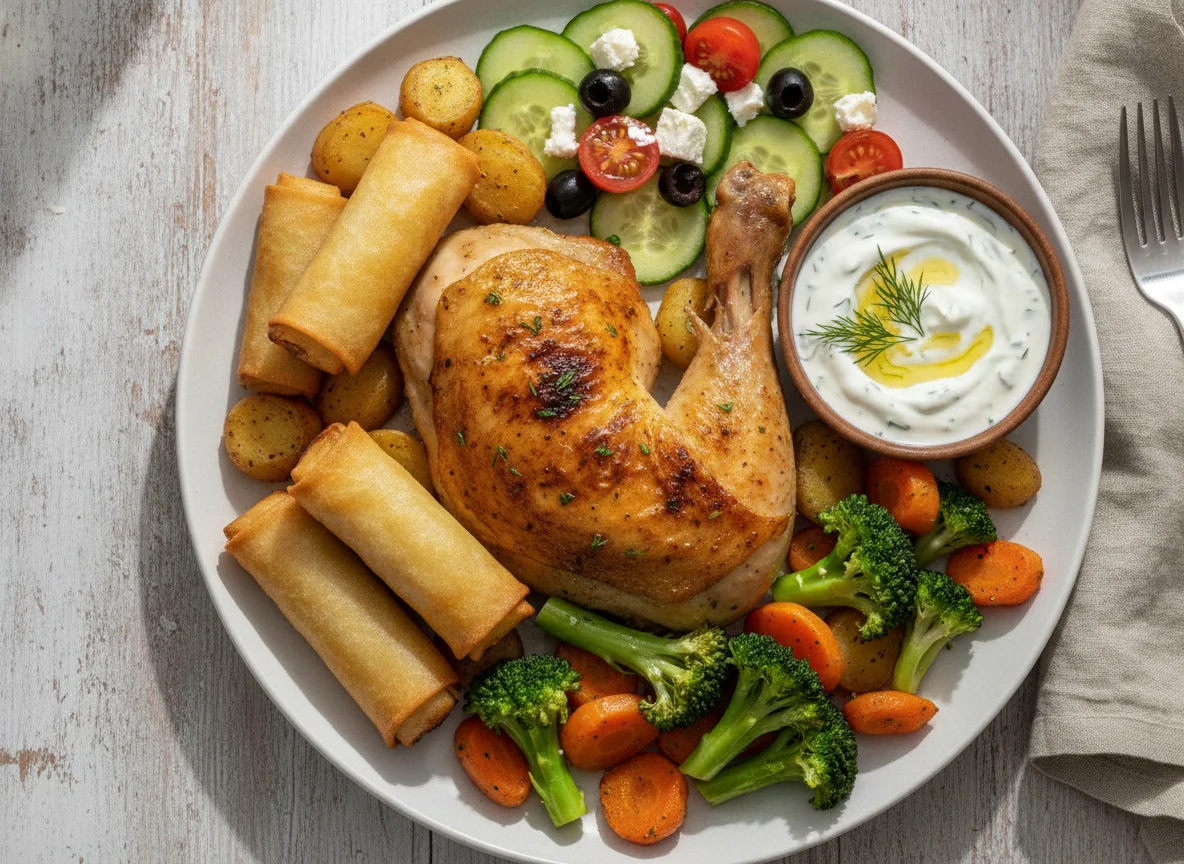 Roasted Chicken with Vegetables, Spring Rolls and Tzatziki photo