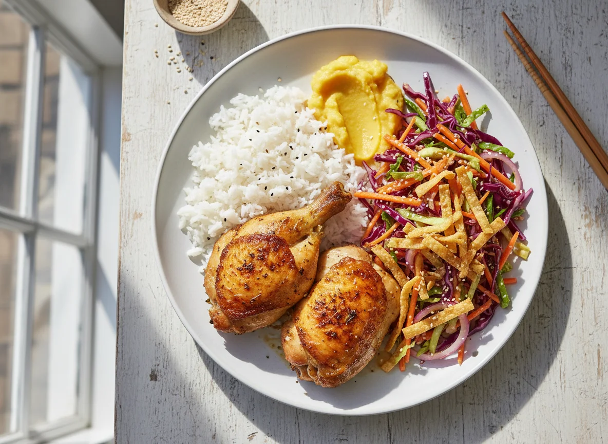 Roasted chicken with white rice and asian slaw photo