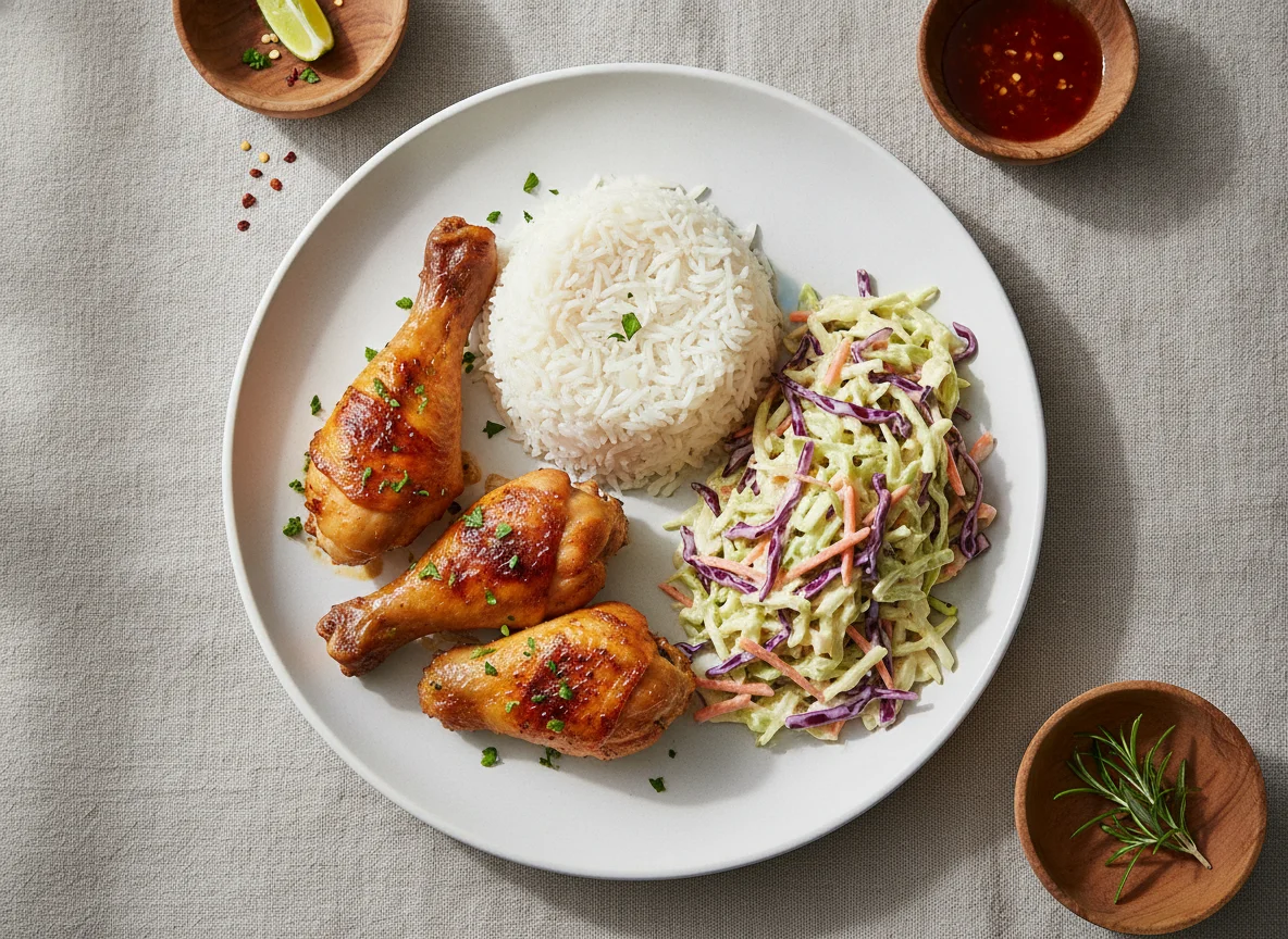 Roasted Chicken with White Rice and Coleslaw photo