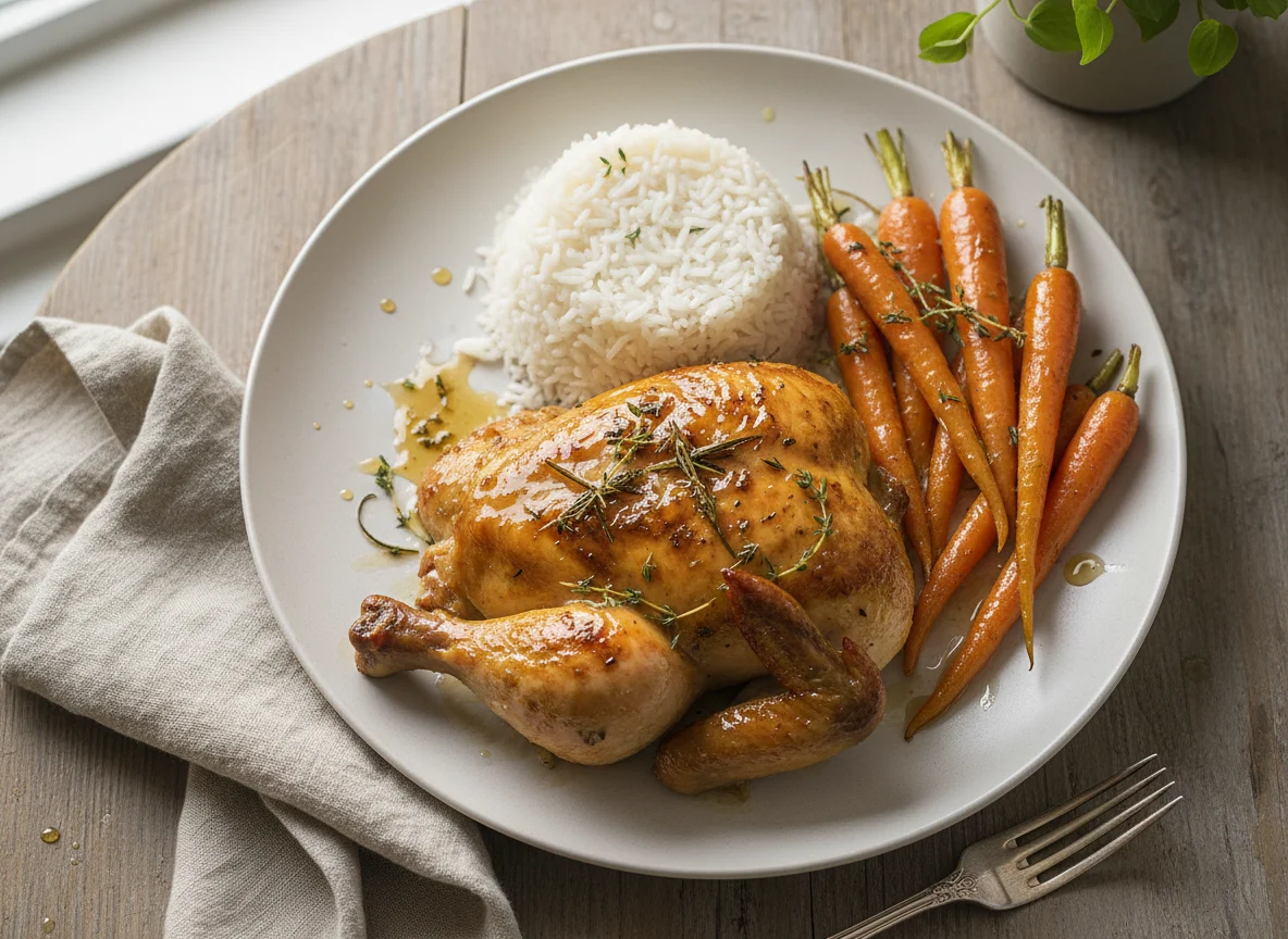 Roasted chicken with white rice and glazed carrots photo