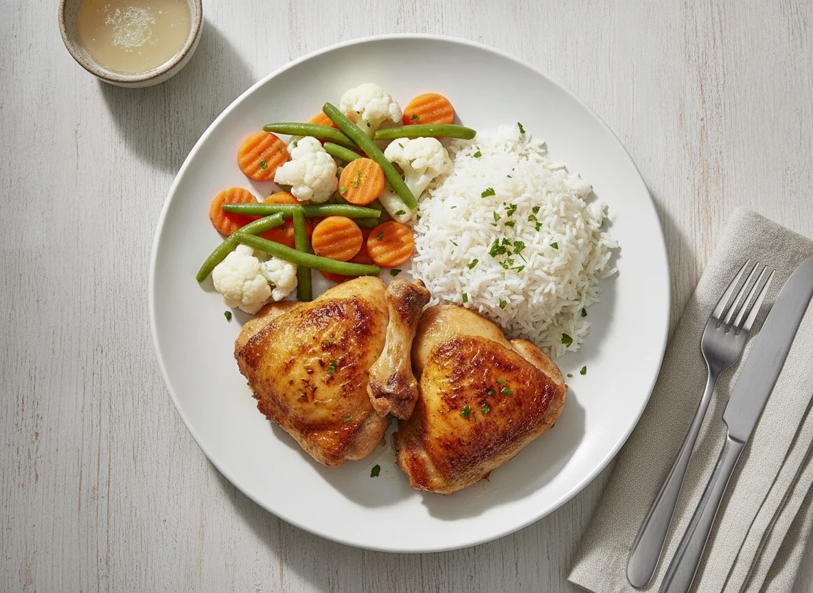 Roasted chicken with white rice and steamed vegetables photo
