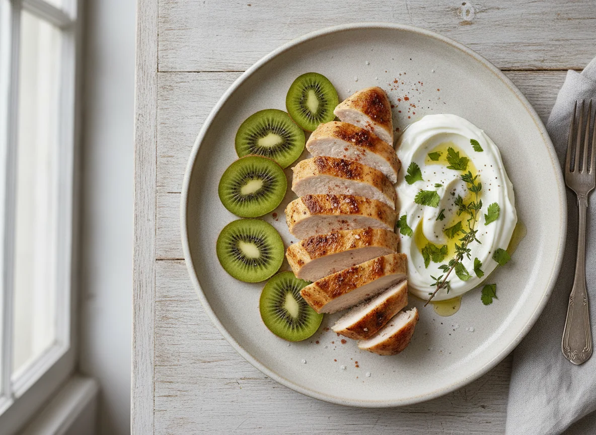 Roasted chicken with yogurt and kiwi photo