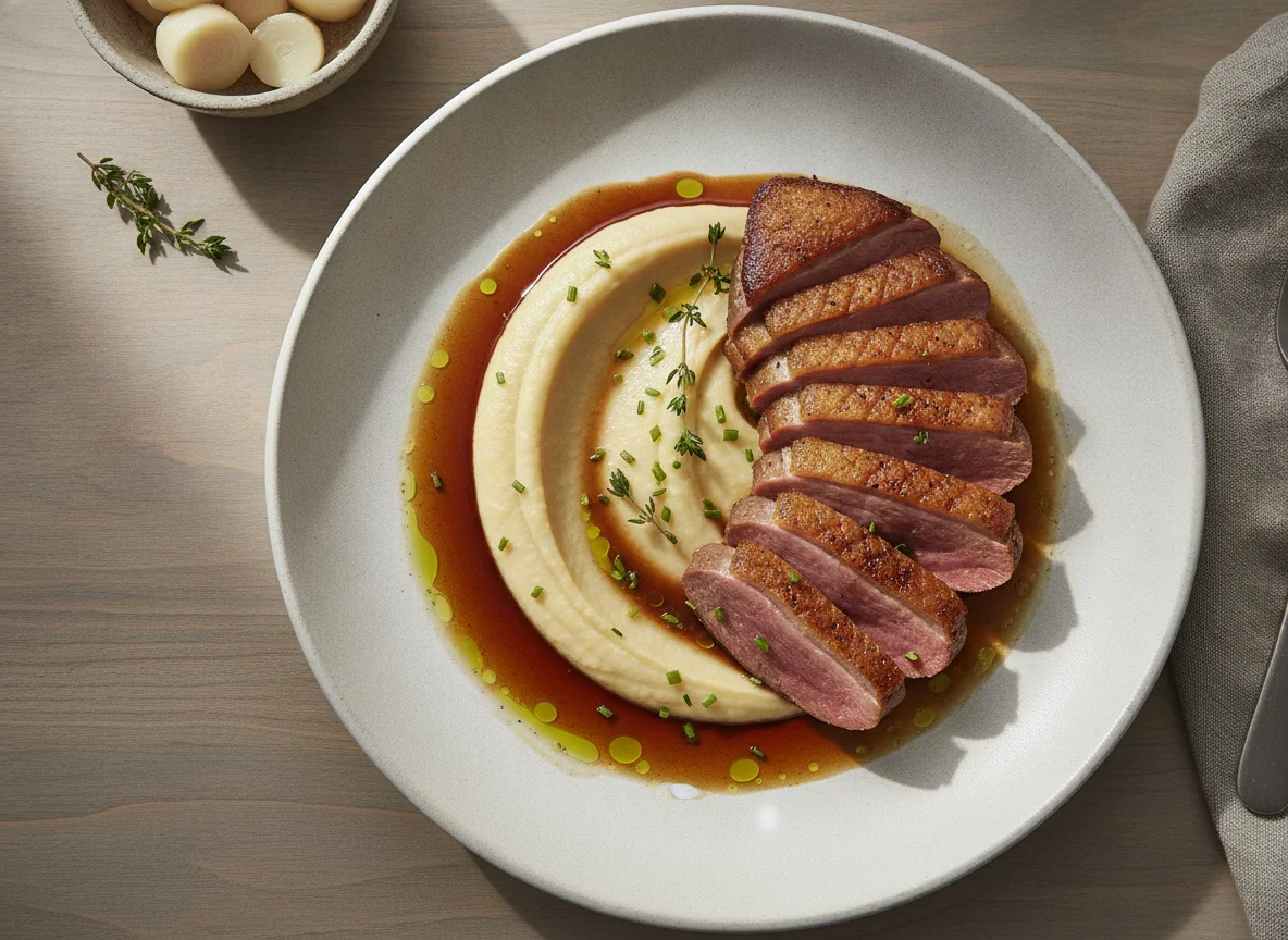 Roasted duck breast with parsnip puree and demi-glace photo