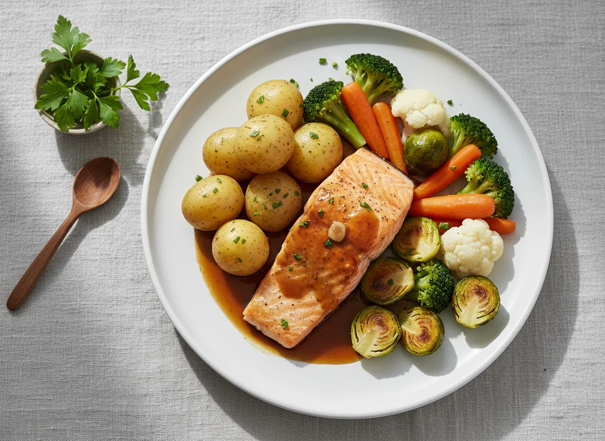 Roasted Fish with Vegetables and Gravy photo