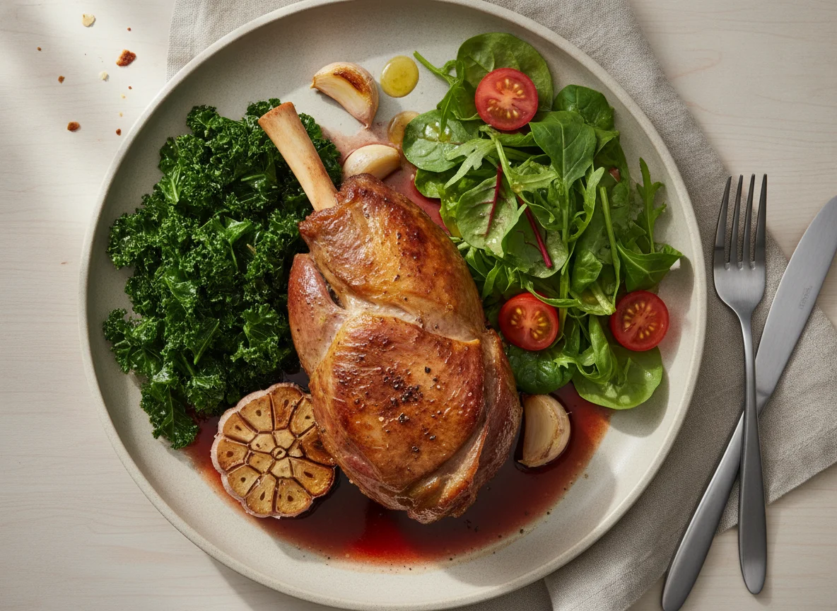 Roasted lamb shank with garlic, kale, and side salad photo