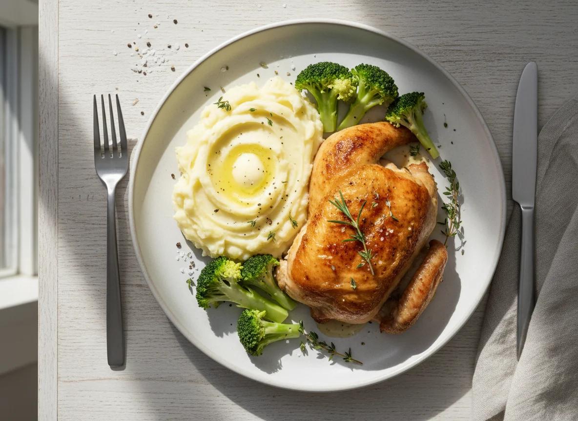 Roasted Meat with Mashed Potatoes and Broccoli photo