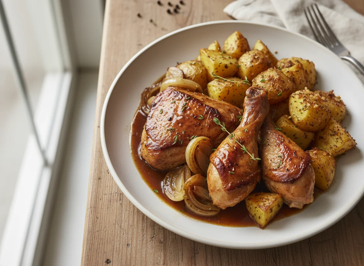 Roasted Meat with Potatoes and Gravy photo