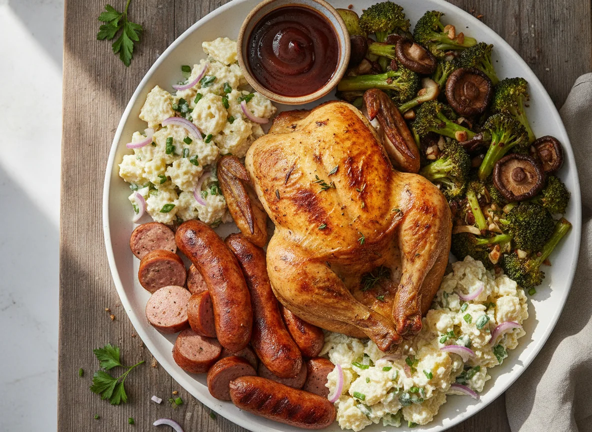 Roasted meat with potatoes and vegetables photo