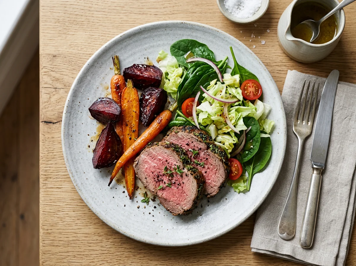 Roasted Meat with Vegetables and Salad photo