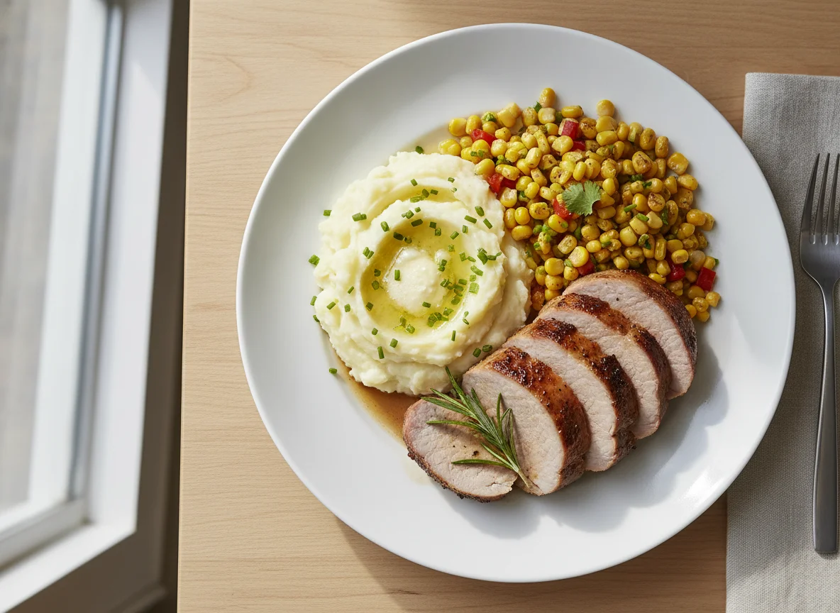 Roasted Pork Loin with Mashed Potatoes and Corn photo