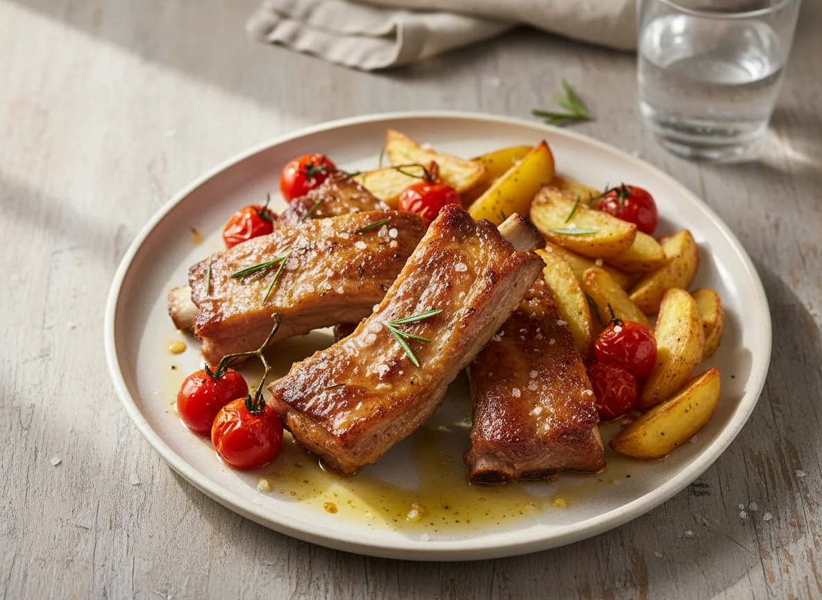 Roasted Pork Ribs with Potatoes and Cherry Tomatoes photo