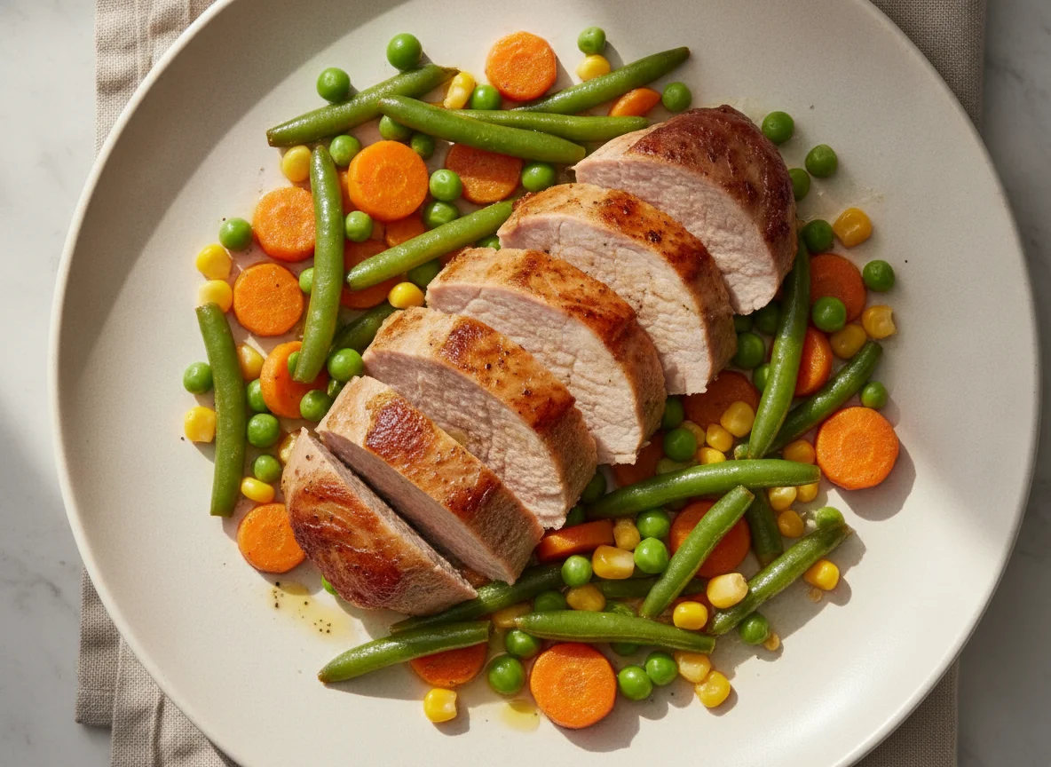 Roasted pork tenderloin with mixed vegetables photo