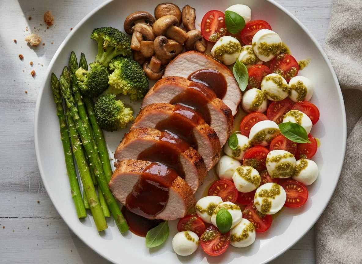 Roasted Pork with Asparagus, Broccoli, Mushrooms, and Caprese Salad photo