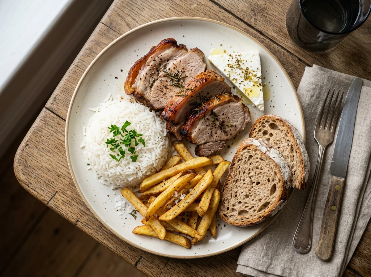 Roasted Pork with Fries, Rice, Bread and Cheese photo