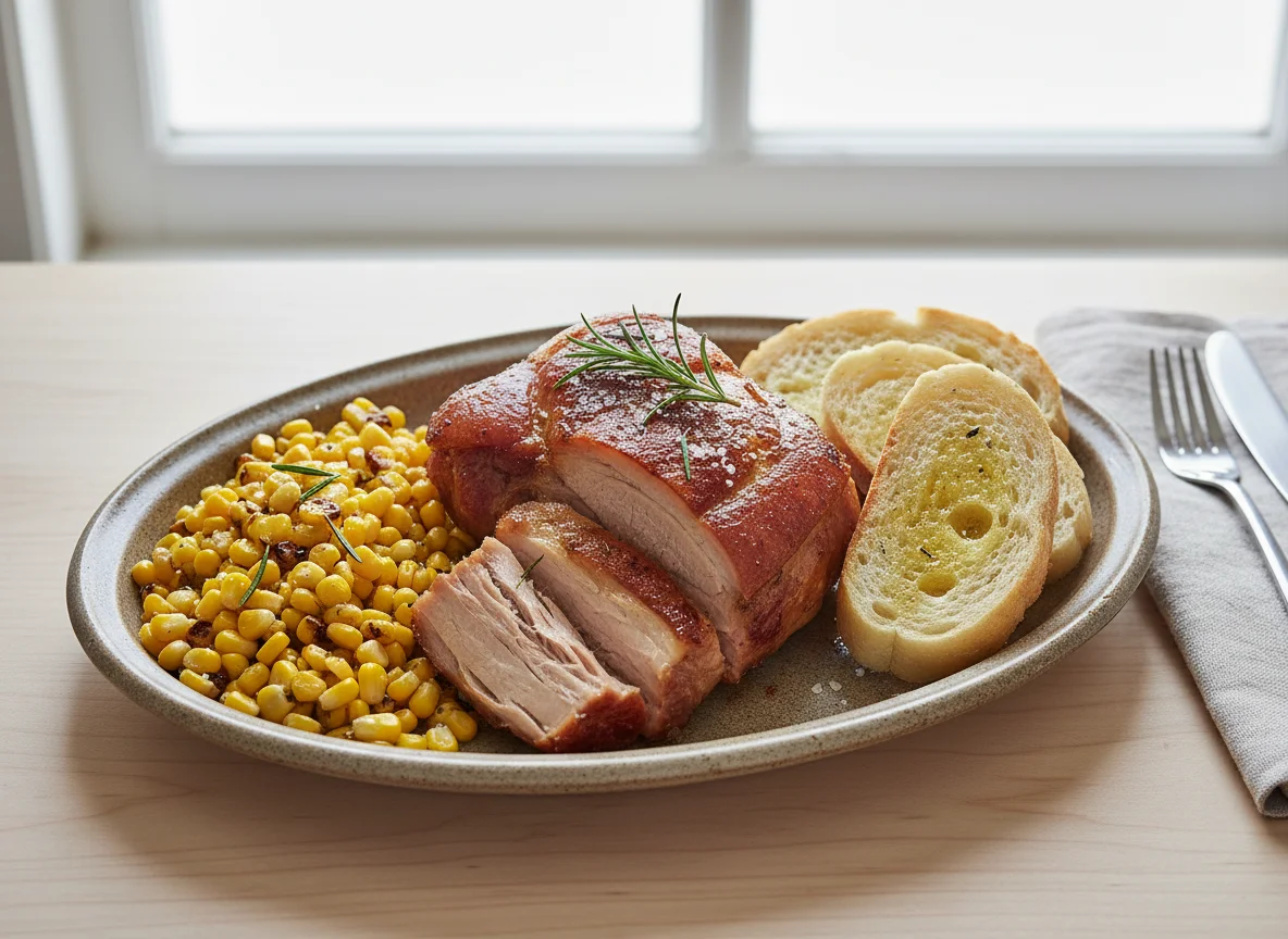Roasted pork with sweet corn and white bread photo