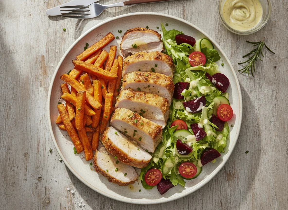 Roasted Pork with Sweet Potato Fries and Garden Salad photo