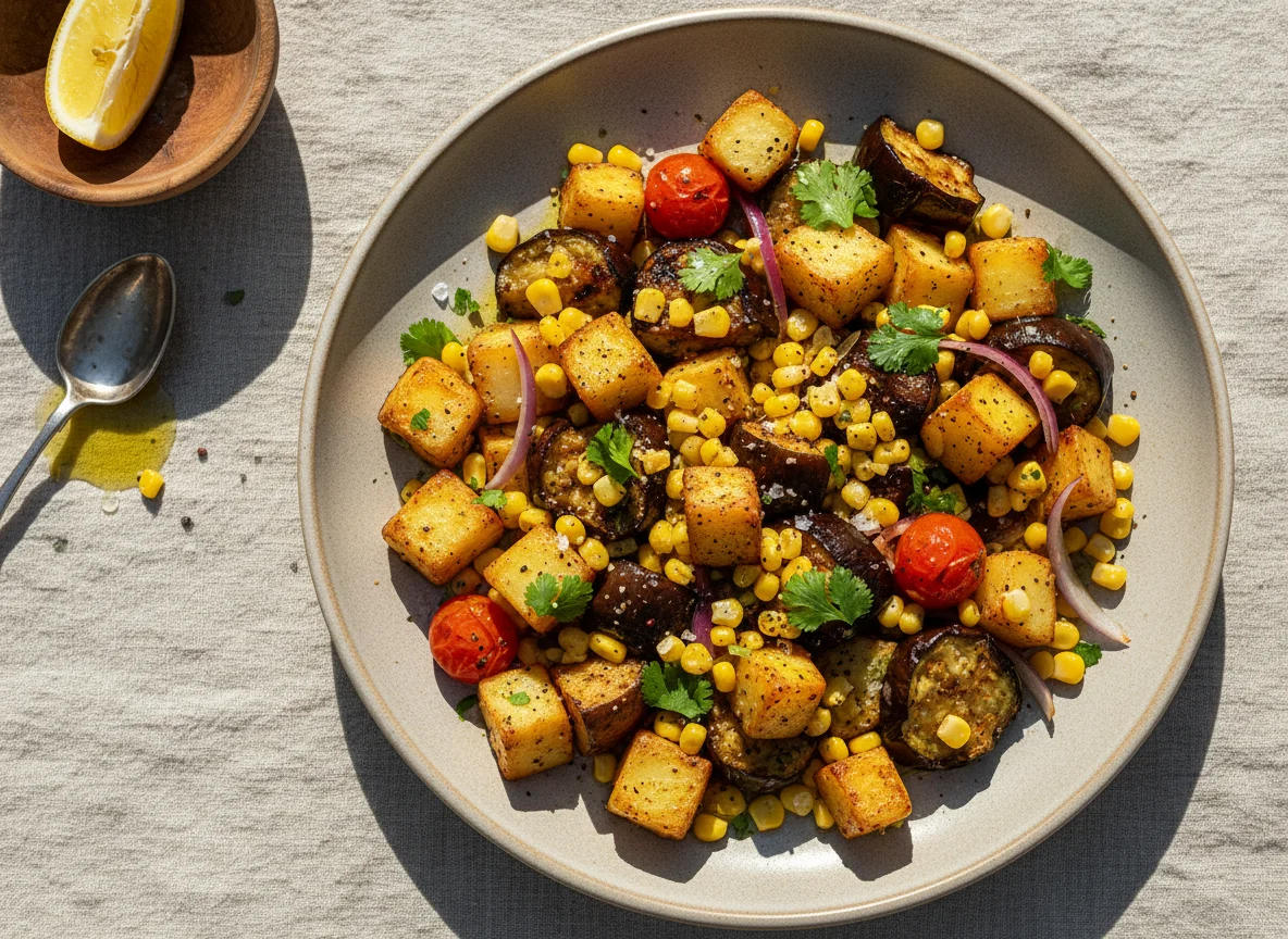 Roasted Potato and Eggplant with Corn photo