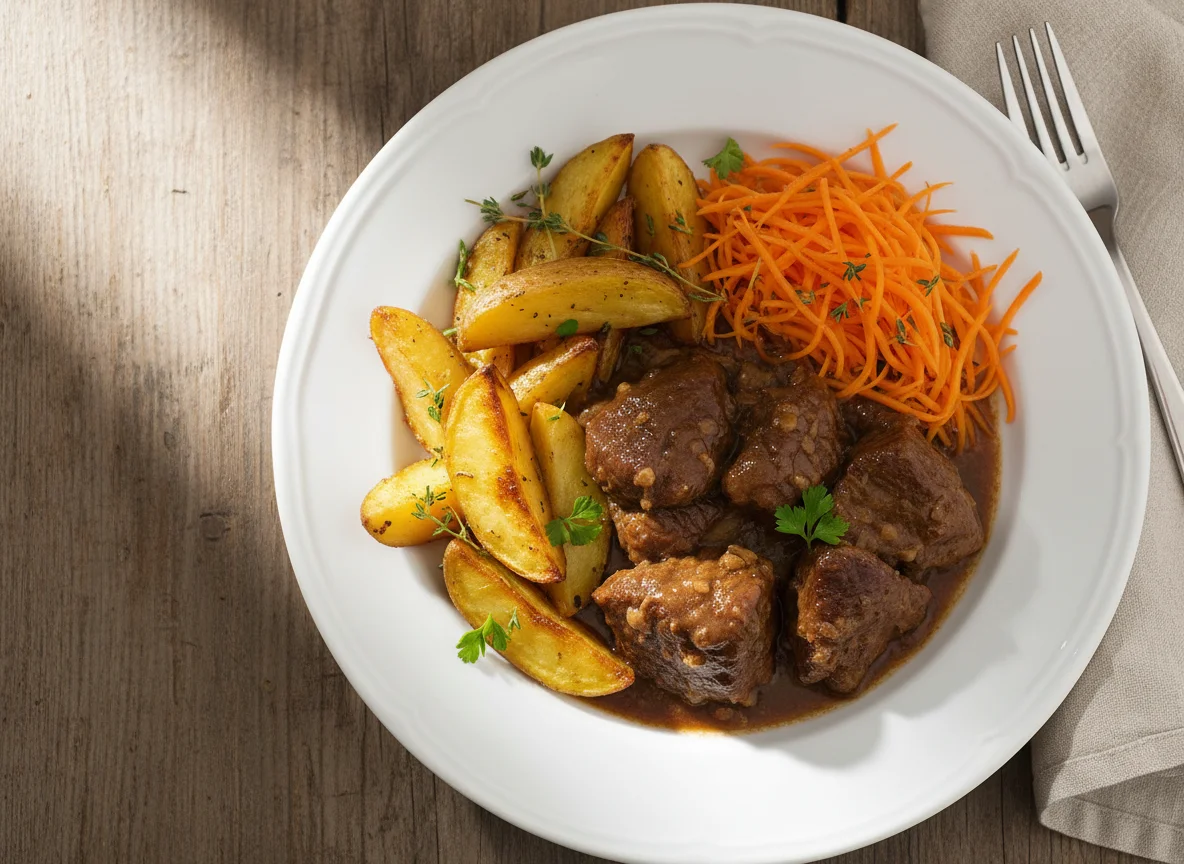 Roasted potatoes, shredded carrots, and braised meat photo